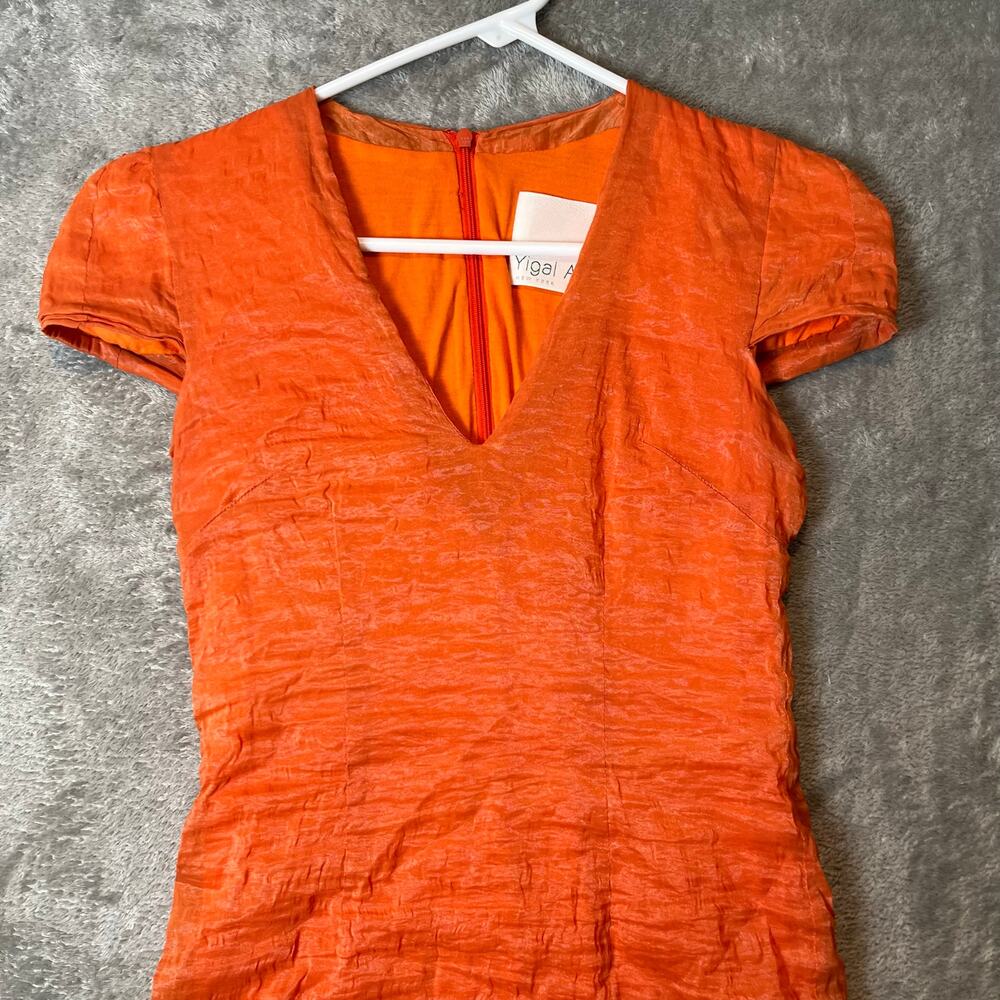 Yigal Azrouel Orange V-Neck Crinkle Bodycon Dress Size 2 - Picture 2 of 8